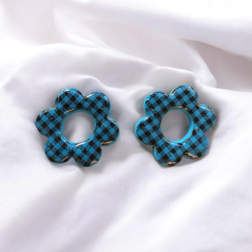 Pampilles fleur calypso bleu à carreaux réversible