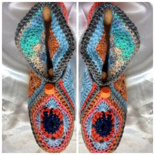 Sur commande.chaussons  -bottines multicolores au crochet acrylique doux, pour femme ,fille