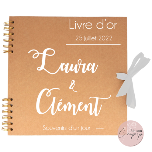 Livre d'or mariage classique et élégant – couverture kraft, prénoms personnalisés et ruban blanc (création française)