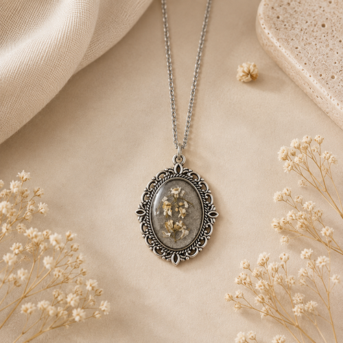 Collier fleurs blanches séchées en résine – pendentif botanique argenté – bijou artisanal