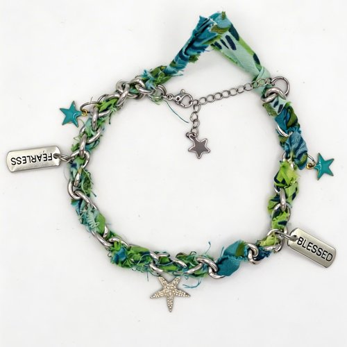 Bracelet bandana coton & acier inoxydable – étoile de mer argent 925, breloques étoiles émaillées en alliage