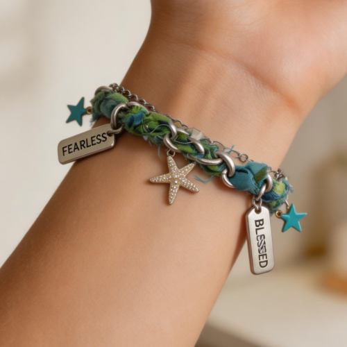 Bracelet bandana coton bohème – acier inoxydable – étoile de mer argent 925 – pièce unique – livraison gratuite