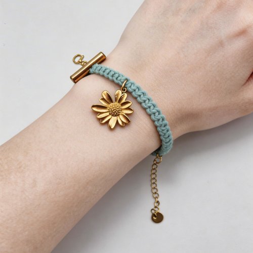Bracelet macramé turquoise – fleur acier inox (2,1 cm) – ajustable