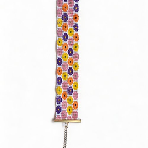 Bracelet manchette tissé main perles miyuki – motif fleuri rose & violet – acier inoxydable doré – livraison gratuite avec suivi