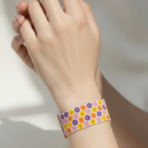 Bracelet manchette tissé main perles miyuki – motif fleuri rose & violet – acier inoxydable doré – livraison gratuite avec suivi
