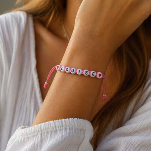 Bracelet prénom louise | macramé rose fait main | perles argent 925 reach | bijou hypoallergénique cadeau femme paris