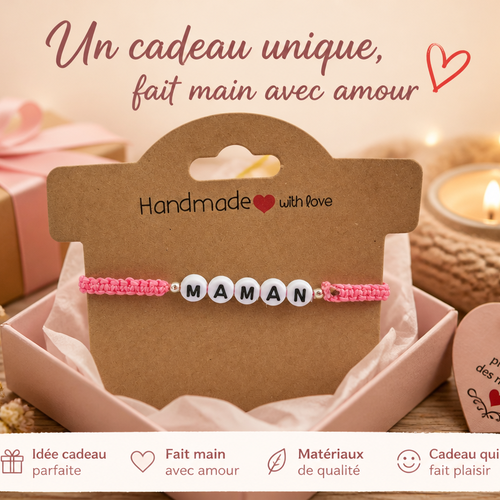 Bracelet maman personnalisé en macramé rose – bracelet ajustable fait main – cadeau maman – bijou femme artisanal avec argent 925