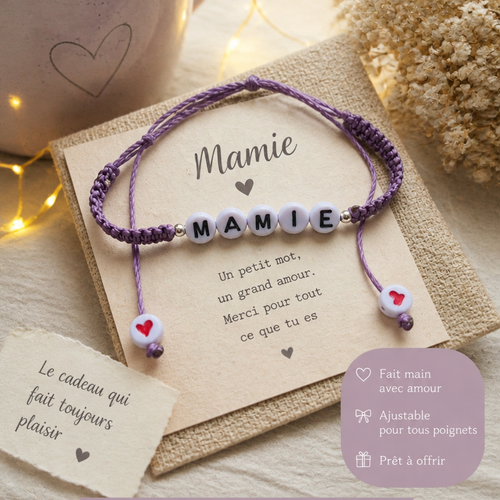 Bracelet mamie personnalisé violet - cadeau mamie fait main - bracelet réglable - idée cadeau grand-mère