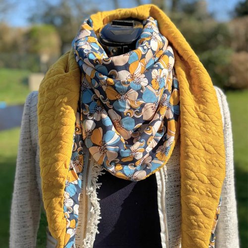 Chèche femme coton, viscose, doux au toucher, foulard triangle, florale, jaune