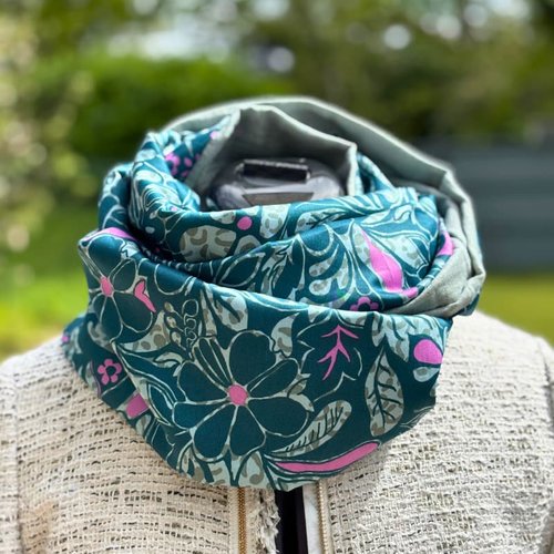 Snood double tour vert et rose, viscose, double gaze, écharpe tube femme - cadeau pour maman