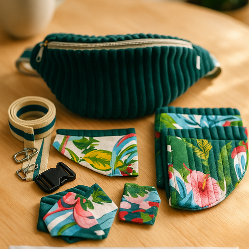 Kit couture sac banane en velours bleu – tutoriel vidéo inclus – accessoire pratique à coudre soi-même