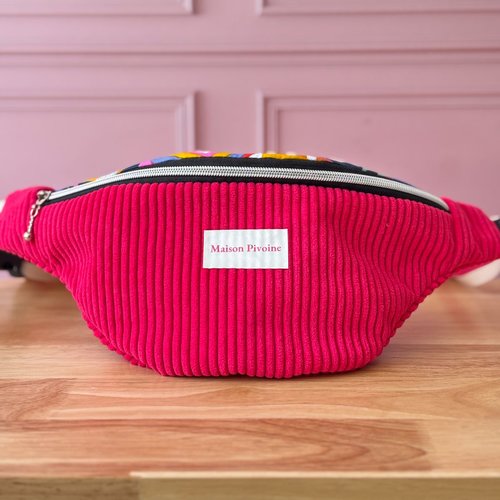 Sac banane velours fuchsia & coton pop – banane femme cousue main en bretagne