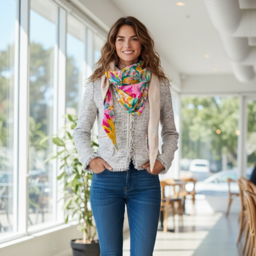 Chèche femme réversible floral tropical & crème doré,  foulard triangle cousu main en bretagne