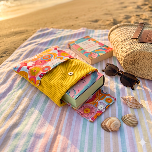 Pochette à livre velours côtelé jaune et coton imprimé