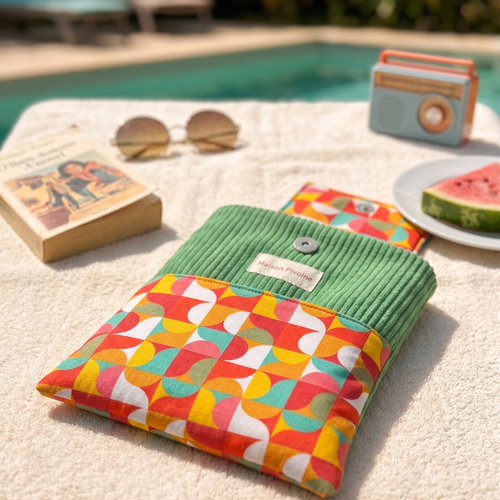 Pochette à livre velours côtelévert et coton imprimé