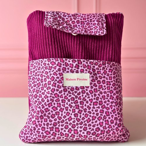 Pochette à livre velours côtelé aubergine et coton imprimé