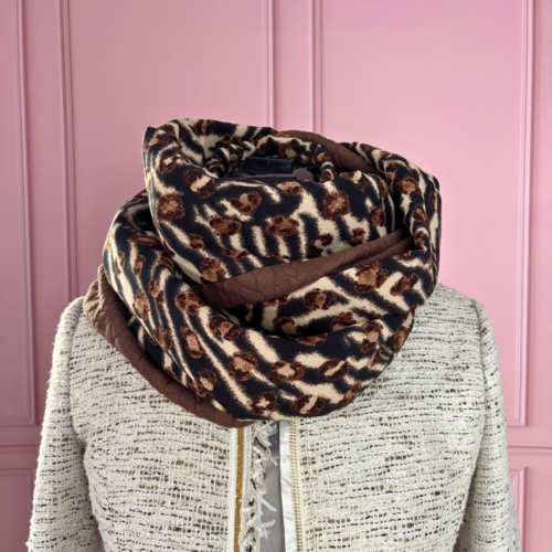 Snood double tour femme en laine marron et viscose léopard – écharpe tube chaude, fait main