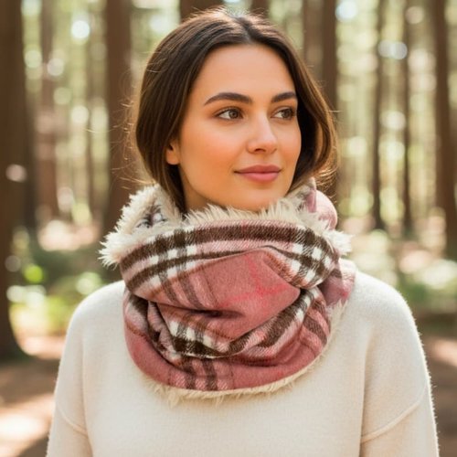Snood femme tartan rose et brun doublé fausse fourrure crème – tour de cou chaud et doux fait main en bretagne