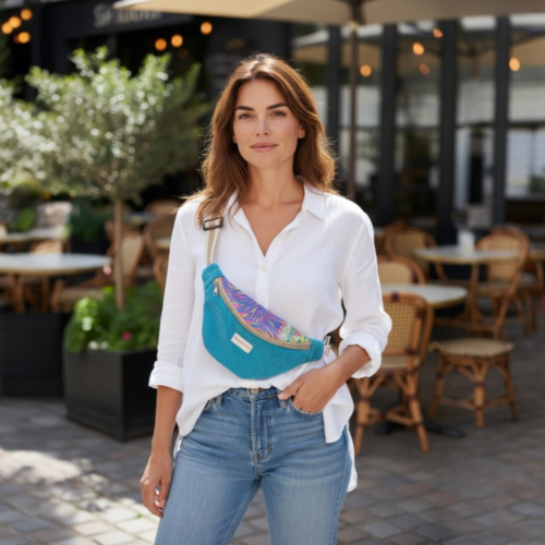 Sac banane velours bleu & coton coloré – accessoire femme fait main en france