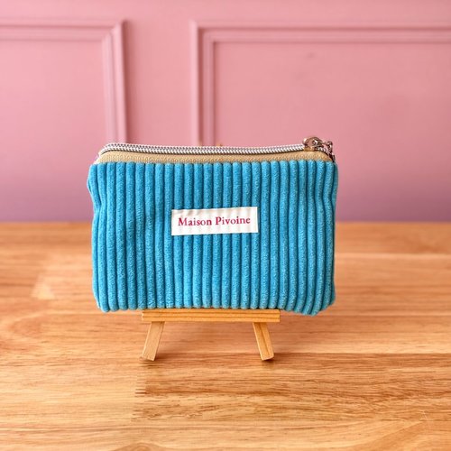 Porte-monnaie velours côtelé turquoise – petit portefeuille femme fait main en bretagne