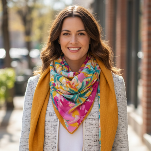 Chèche femme réversible floral tropical & moutarde – foulard triangle cousu main en bretagne