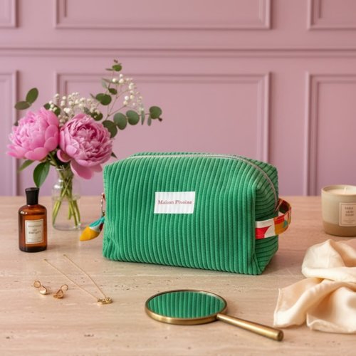 Trousse rectangulaire en velours côtelé vert