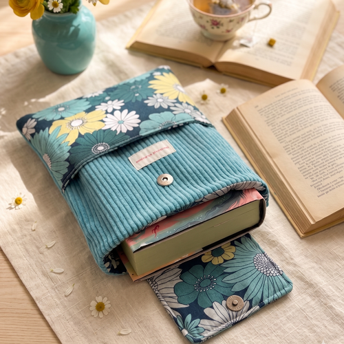 Pochette à livre velours côtelé turquoise et coton fleuri