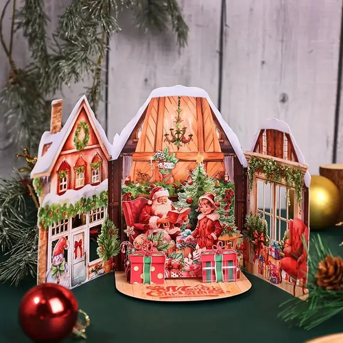 Carte de vœux de noël 3d pop-up - scène de maison de noël