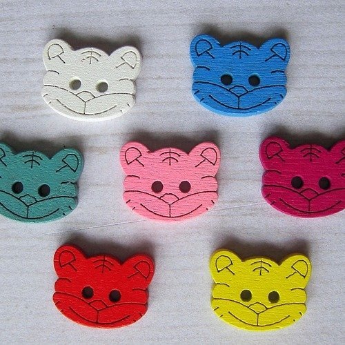 Lot de 5 boutons en bois tête de chat coloré ( couleur mixte )