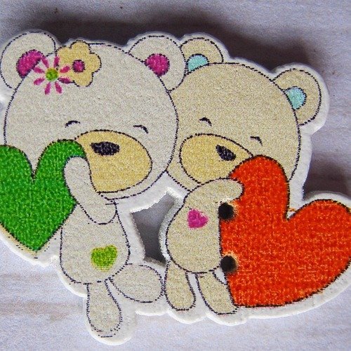 Lot de 4 boutons en bois oursons amoureux cœur ( couleur mixte )