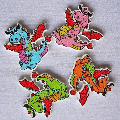 Lot de 4 boutons en bois dragons ( couleur mixte )