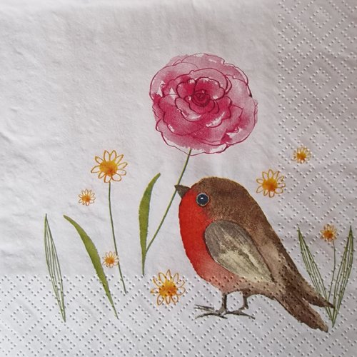 Lot de 2 serviettes en papier - petit oiseau rouge gorge et fleur rose
