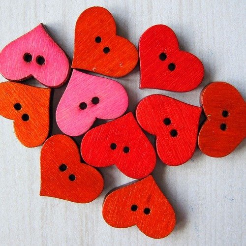 Lot de 5 boutons en bois très colorés en forme de cœur (couleurs mélangées) (10)