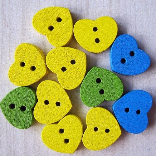 Lot de 5 boutons en bois très colorés en forme de cœur (couleurs mélangées) (11)