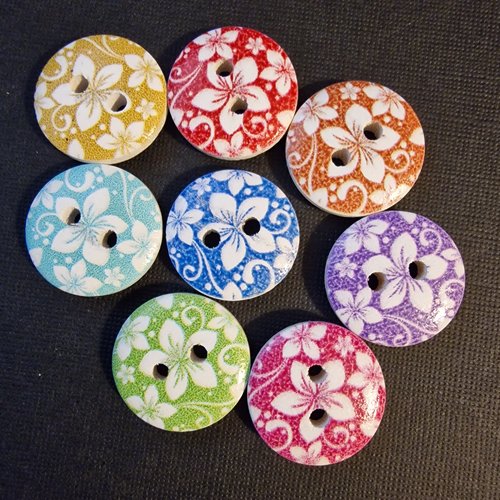 Lot de 4 boutons en bois fleurs colorées