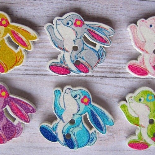 Lot de 4 boutons en bois lapin coloré ( motif mixte )