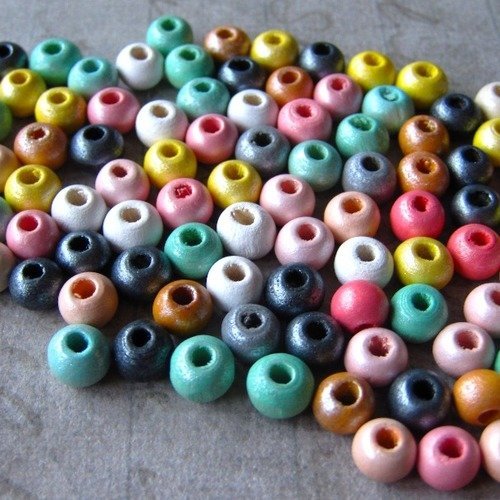 Perles en bois ronde 6mm multicolores métallisées