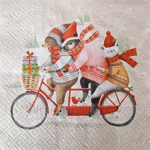 Lot de 2 serviettes en papier - a bicyclette - oursons de noël sur un vélo