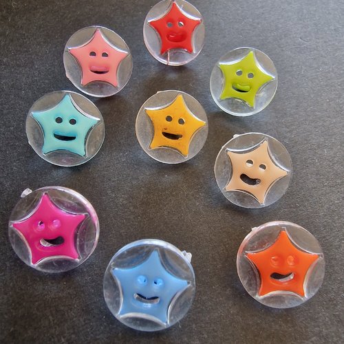 Lot de 6 boutons avec une boucle, acrylique ronds, motif étoile, multicolore