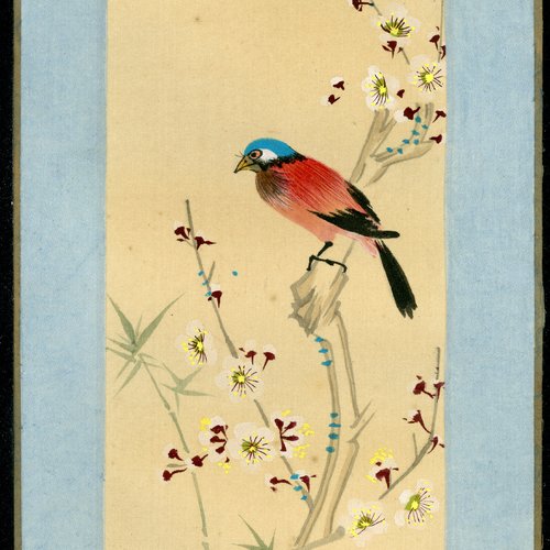 Peinture chinoise sur soie collée sur carton - fait main - xxème siècle - série des oiseaux (5a/12)