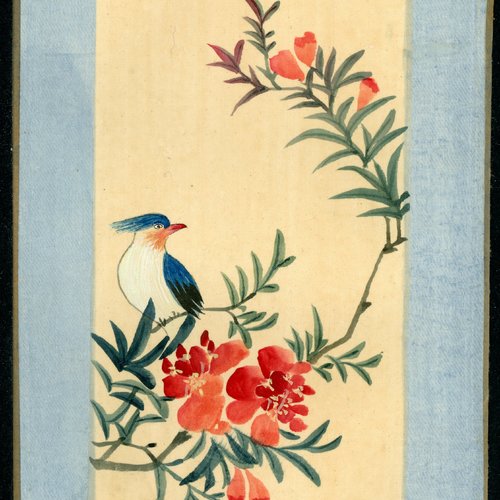 Peinture chinoise sur soie collée sur carton - fait main - xxème siècle - série des oiseaux (7a/12)