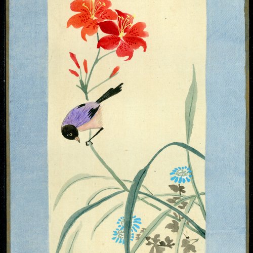 Peinture chinoise sur soie collée sur carton - fait main - xxème siècle - série des oiseaux (8a/12)