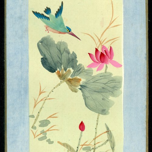 Peinture chinoise sur soie collée sur carton - fait main - xxème siècle - série des oiseaux (9a/12)