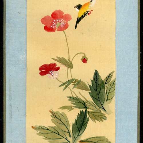 Peinture chinoise sur soie collée sur carton - fait main - xxème siècle - série des oiseaux (10a/12)