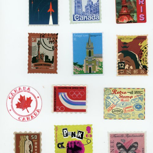 Lot de 17 stickers autocollants - timbres du monde - voyage - rétro, vintage (lot 1)