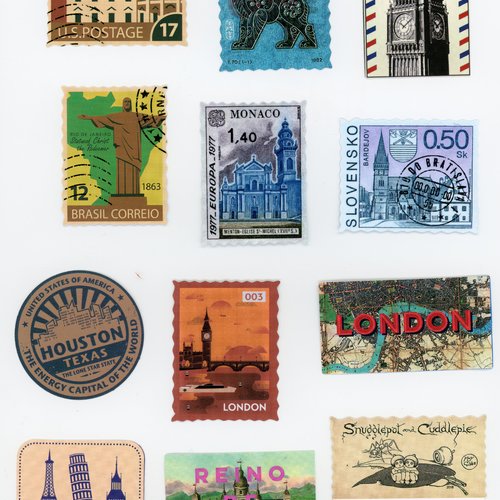 Lot de 17 stickers autocollants - timbres du monde - voyage - rétro, vintage (lot 2)