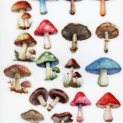 Lot de 17 stickers autocollants - champignons colorés, forêt (lot 2)