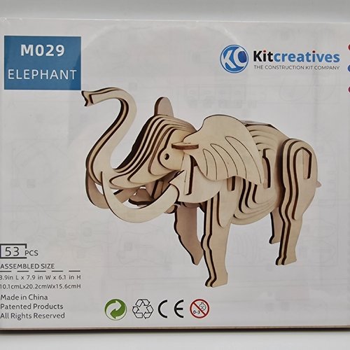 Kit de construction eléphant - diy puzzle 3d en bois - neuf dans sa boite d'origine - hauteur 15,6 cm