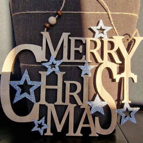 Suspension merry christmas en bois avec etoiles pailletées