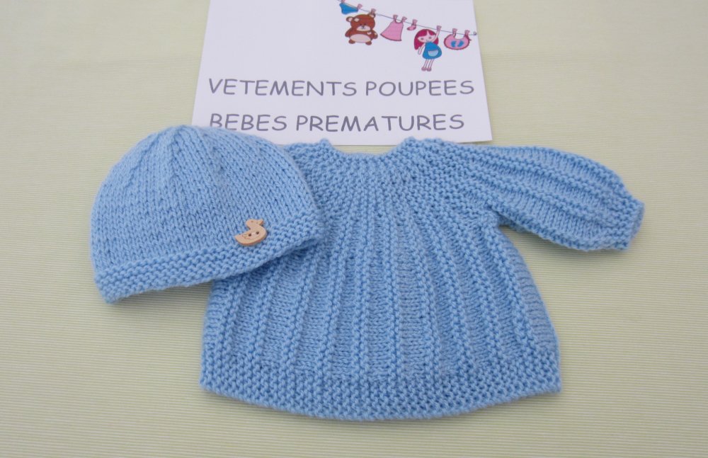 Brassiere Et Bonnet Pour Bebe Premature Ou Poupon De 36 A 40 Cm Fait Main Au Tricot Un Grand Marche